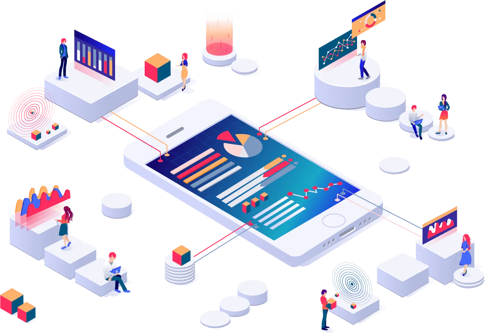 スマートフォンを中心にデータ分析やマーケティングを行う人々のイラスト